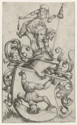 Coat of Arms with a Peasant Standing on his Head by Meester van het Amsterdamse Kabinet, print, 1485-1490