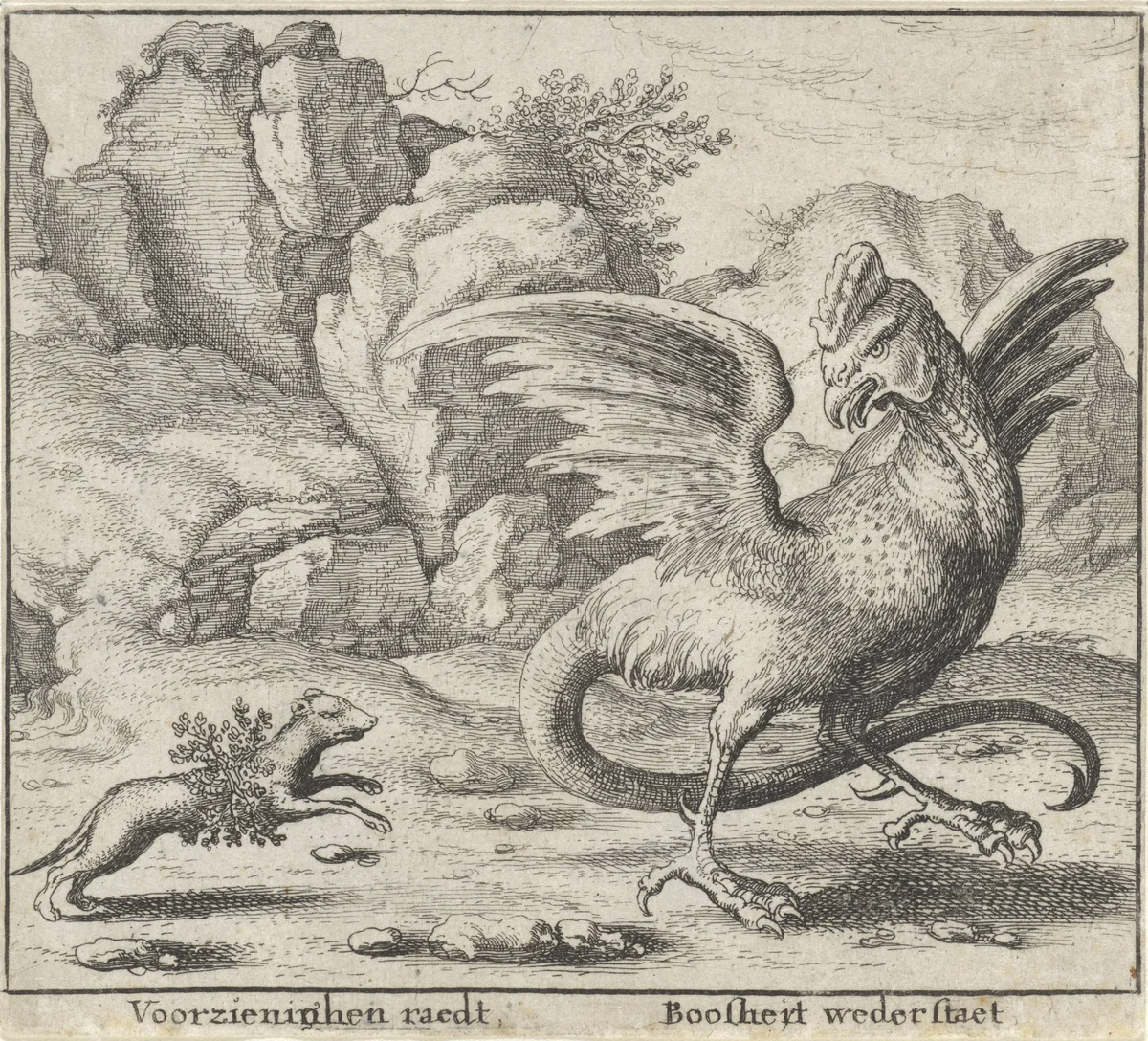 Fabel van de basilisk en de wezel by Wenceslaus Hollar, print, 1644-1652