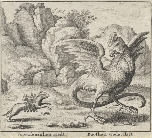 Fabel van de basilisk en de wezel by Wenceslaus Hollar, print, 1644-1652