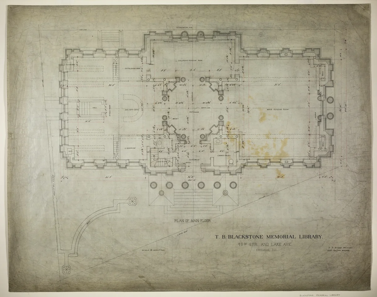 T.B. Blackstone Memorial Library, Chicago, Illinois, Main Floor Plan by Solon Spencer Beman, drawing, 1901