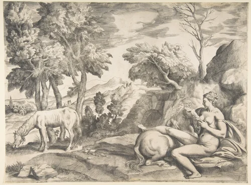 Saturn in the guise of a horse being suckled by the nymph Philyra by Giulio Bonasone, print, 1508-1581