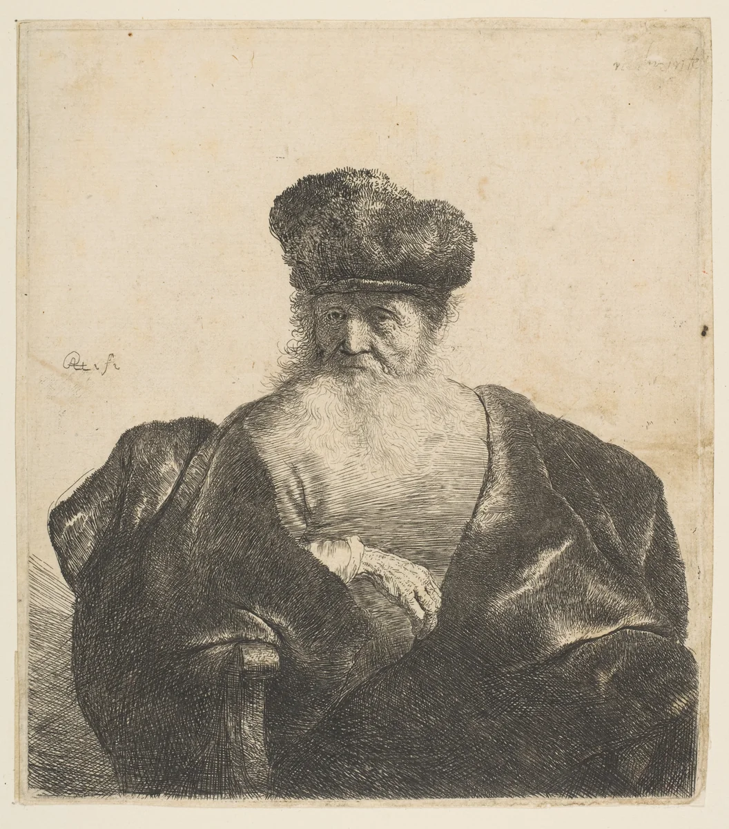Old Man with Beard, Fur Cap, and Velvet Cloak by Rembrandt van Rijn, print, 1626-1636