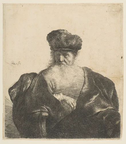 Old Man with Beard, Fur Cap, and Velvet Cloak by Rembrandt van Rijn, print, 1626-1636