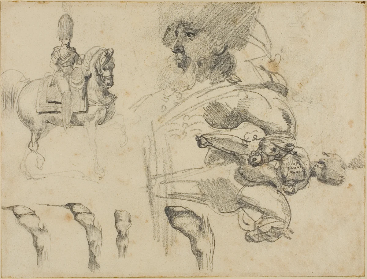 Sketches of Horses, Soldiers, and Hooves by Jean Louis André Théodore Géricault, drawing, 1813-1814