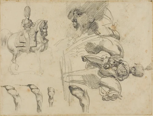 Sketches of Horses, Soldiers, and Hooves by Jean Louis André Théodore Géricault, drawing, 1813-1814