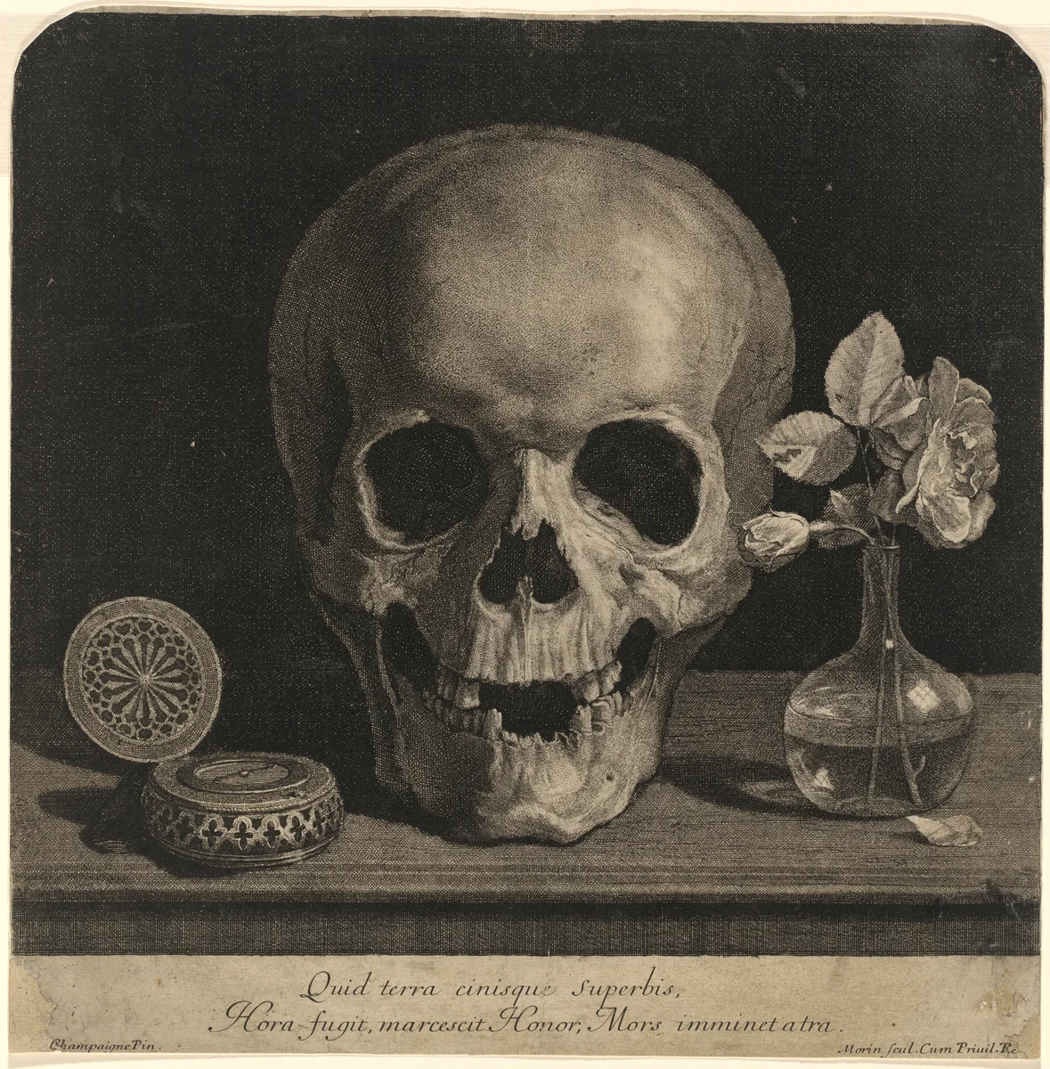 Still Life with a Skull and a Vase of Roses by Jean Morin; Philippe de Champaigne, print, 1640-1650