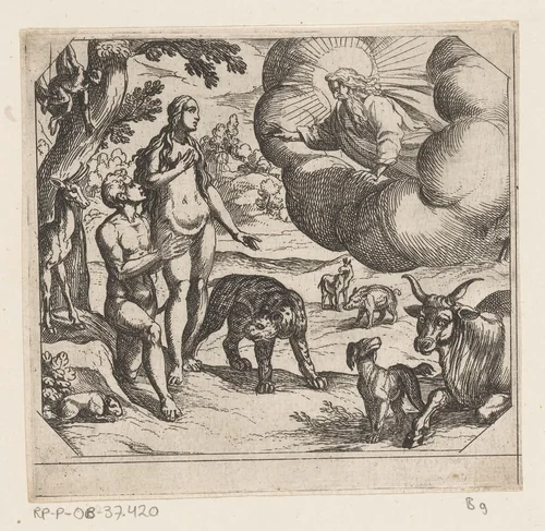 Adam en Eva in het paradijs geplaatst by Antonio Tempesta, print, 1565-1630