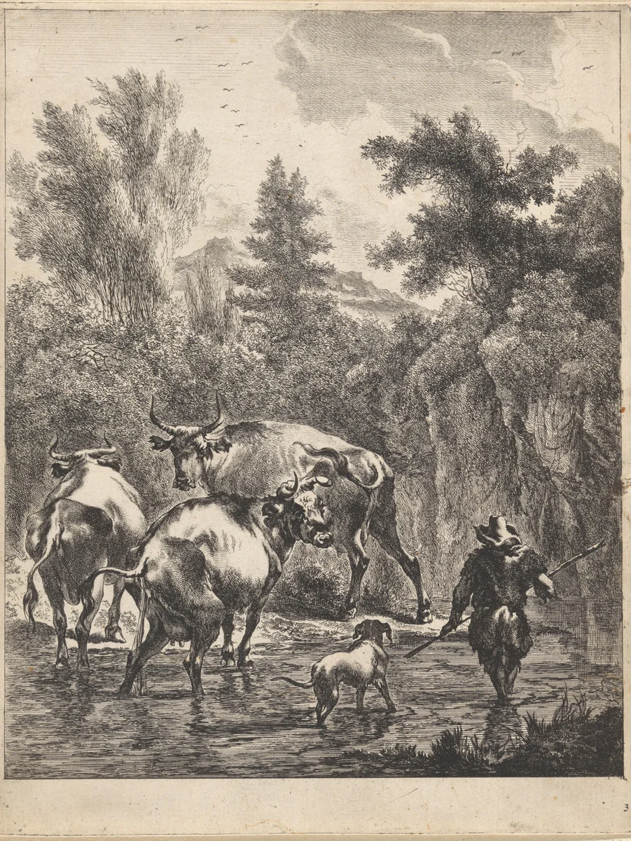 Herder met hond en drie koeien bij een voorde by Jan de Visscher, print, 1643-1691
