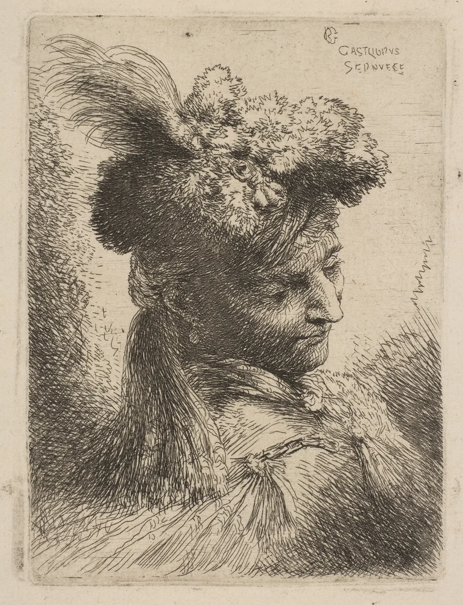 Young man facing three quarters right wearing a fur headdress with a plume, jewel and a headband, from "Small Heads in Oriental Headdress" by Giovanni Benedetto Castiglione, print, 1640-1655