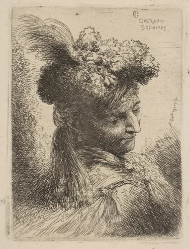 Young man facing three quarters right wearing a fur headdress with a plume, jewel and a headband, from "Small Heads in Oriental Headdress" by Giovanni Benedetto Castiglione, print, 1640-1655