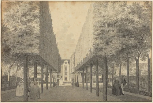 Ladies and Gentlemen Enjoying a Dutch Garden by Cornelis Pronk, drawing, 1739