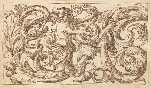 Horizontal Panel Design with a Man and Two Fantastical Creatures Interspersed between an Acanthus Rinceau by anonymous, drawing, 1600-1650