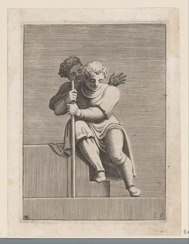 Zittende man met stok en een kind by Unknown, print, 1585