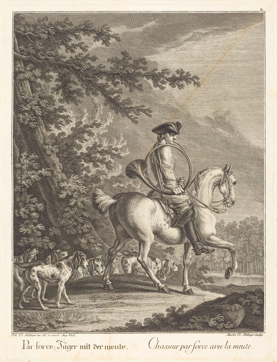 Huntsman with a Pack of Hounds by Johann Elias Ridinger, print, 1698-1767