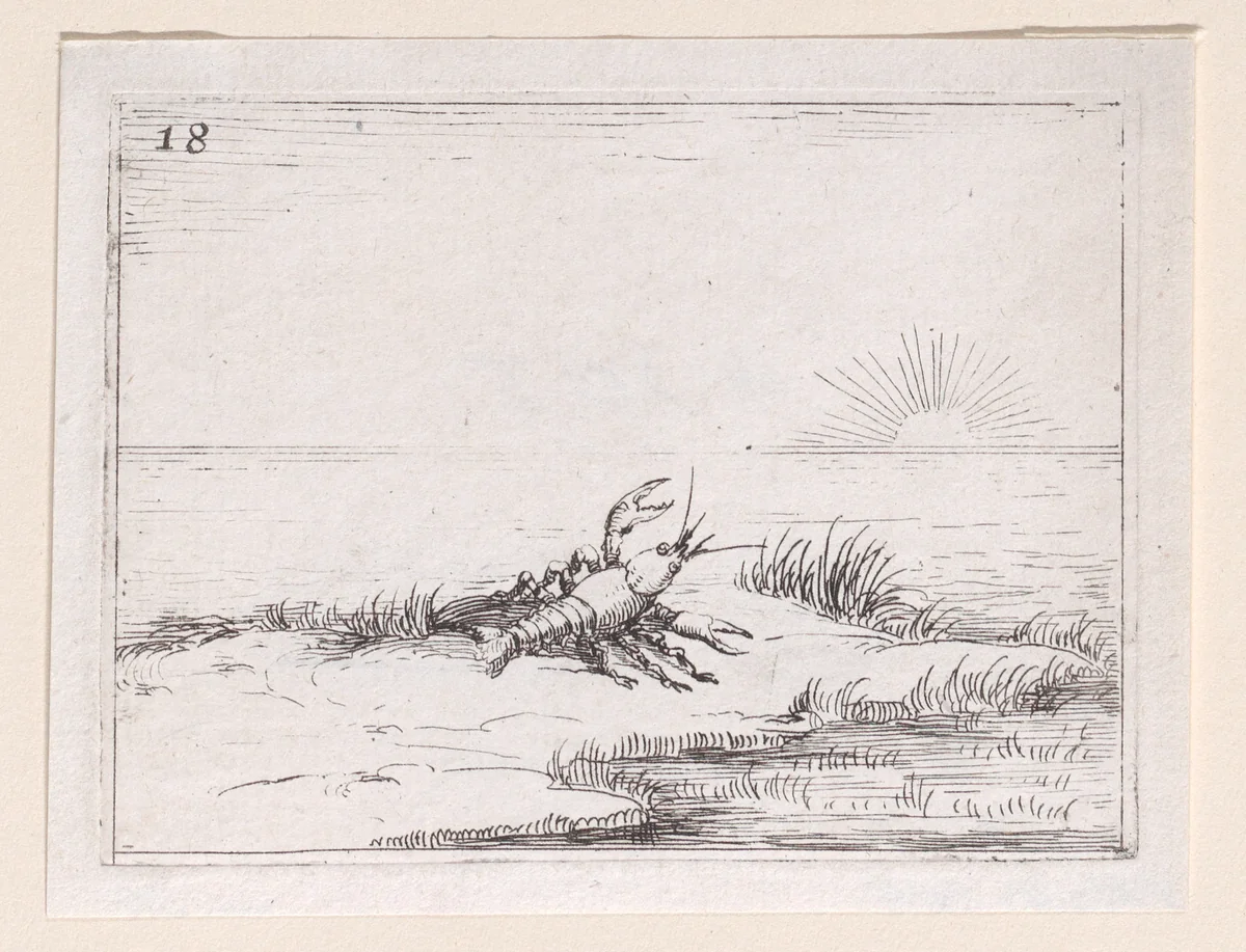 Une Ecrevisse Regardant le Soleil (A Crayfish Looking at the Sun), plate 18 from "Lux Claustri ou La Lumière du Cloitre" (The Light of the Cloisters) by Jacques Callot, print, 1621-1635