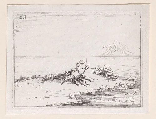 Une Ecrevisse Regardant le Soleil (A Crayfish Looking at the Sun), plate 18 from "Lux Claustri ou La Lumière du Cloitre" (The Light of the Cloisters) by Jacques Callot, print, 1621-1635