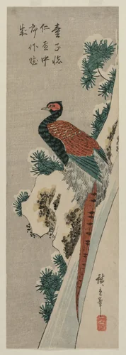 Copper Pheasant by Snowy Waterfall by Utagawa Hiroshige (歌川広重), print, 1837-1843