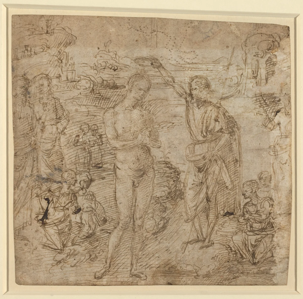 a) The Baptism of Christ; b) Draped Figure Holding a Book and Man Wielding an Ax with a Figure by Pietro Perugino, drawing, 1475