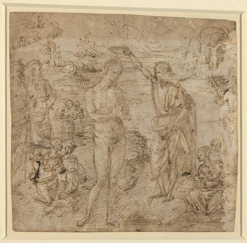 a) The Baptism of Christ; b) Draped Figure Holding a Book and Man Wielding an Ax with a Figure by Pietro Perugino, drawing, 1475