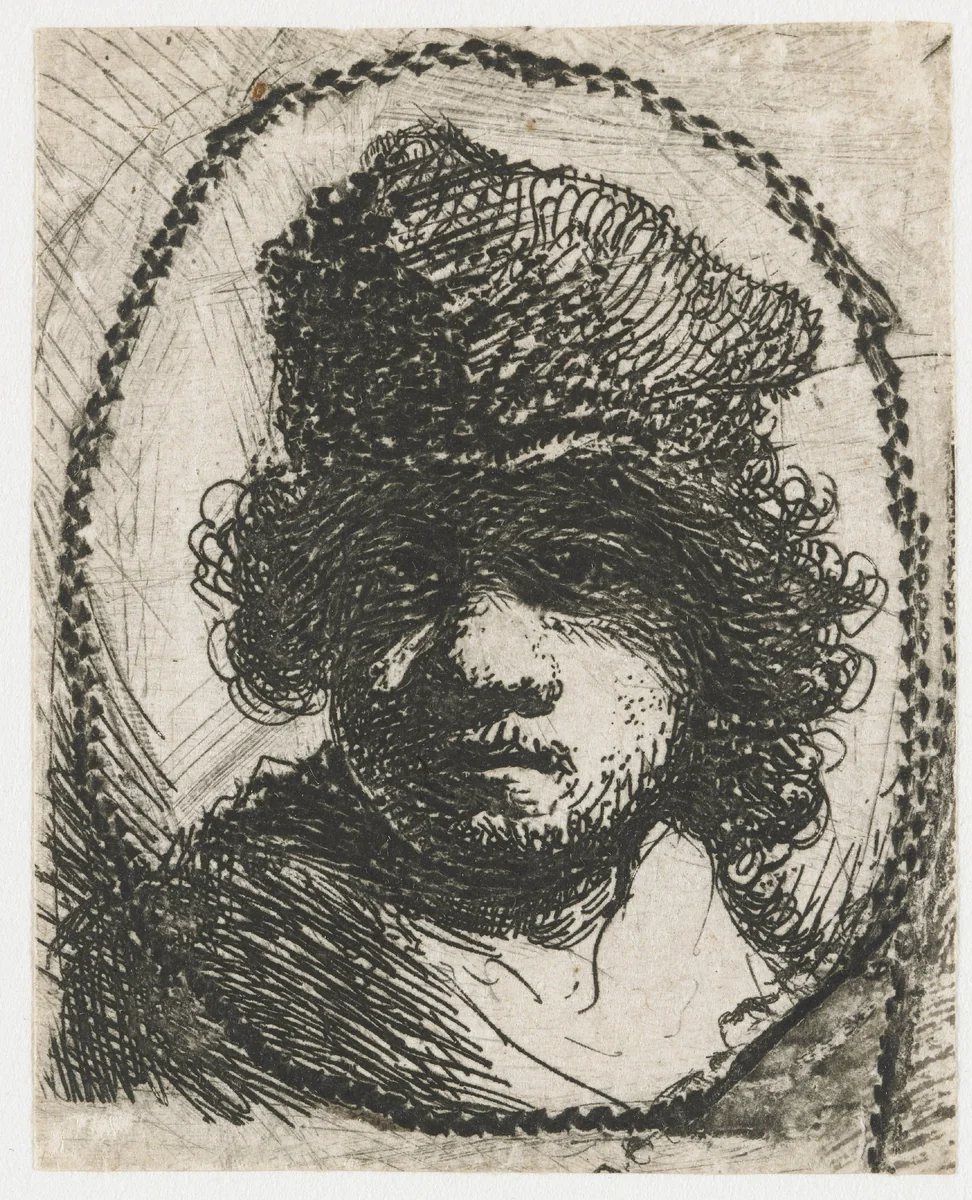 Self-portrait in a Fur Cap by Rembrandt van Rijn, print, 1629