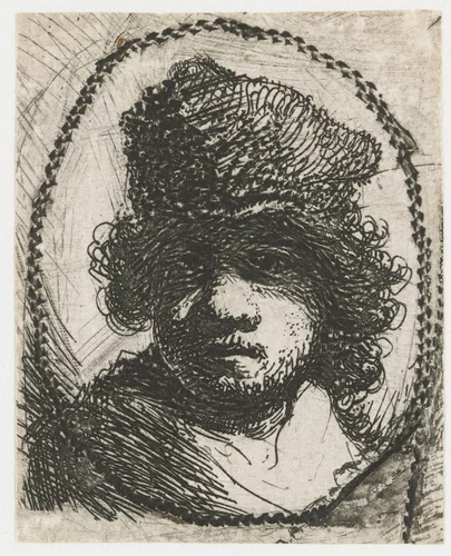 Self-portrait in a Fur Cap by Rembrandt van Rijn, print, 1629
