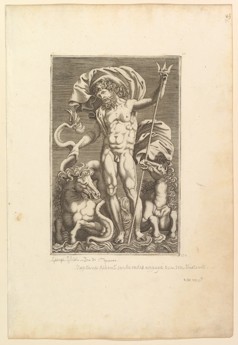 Neptune Between Two Sea Horses by anonymous, print, 1560-1580