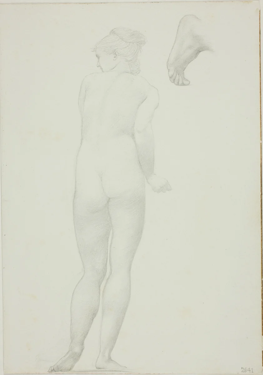 Backview of Standing Nude Woman and Sketch of a Foot by Edward Burne-Jones, drawing, 1868-1883