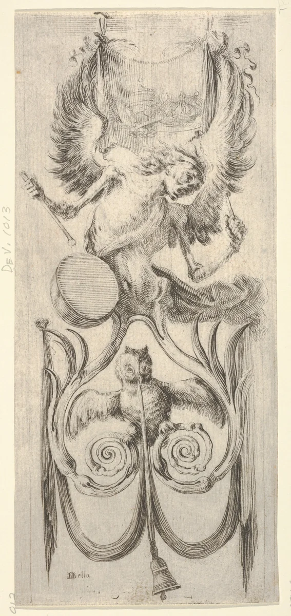 Death beating a drum above, an owl and a bell attached to a ribbon below, from "Ornaments or Grotesques" (Ornamenti o Grottesche) by Stefano della Bella, print, 1650-1656
