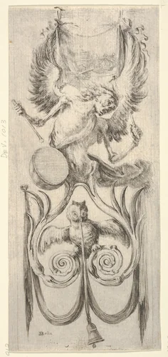 Death beating a drum above, an owl and a bell attached to a ribbon below, from "Ornaments or Grotesques" (Ornamenti o Grottesche) by Stefano della Bella, print, 1650-1656