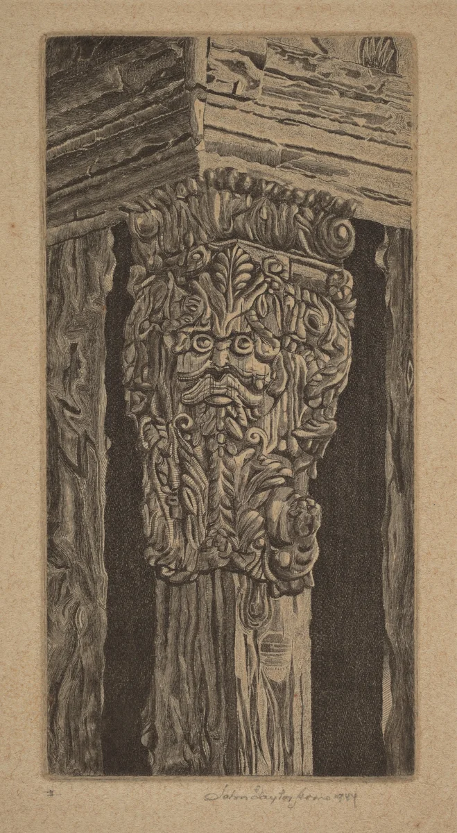 Corbel on Gate House, Stokesay Castle by John Taylor Arms, print, 1944