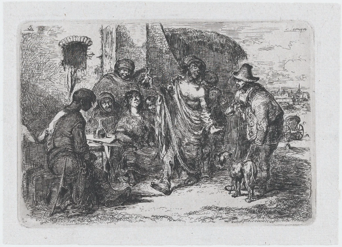 Plate 5: a drunk and dishevelled man dancing in the street surrounded by a group of onlookers, from the series of customs and pastimes of the Spanish people by Francisco Lameyer, print, 1850
