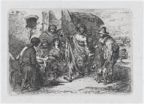 Plate 5: a drunk and dishevelled man dancing in the street surrounded by a group of onlookers, from the series of customs and pastimes of the Spanish people by Francisco Lameyer, print, 1850