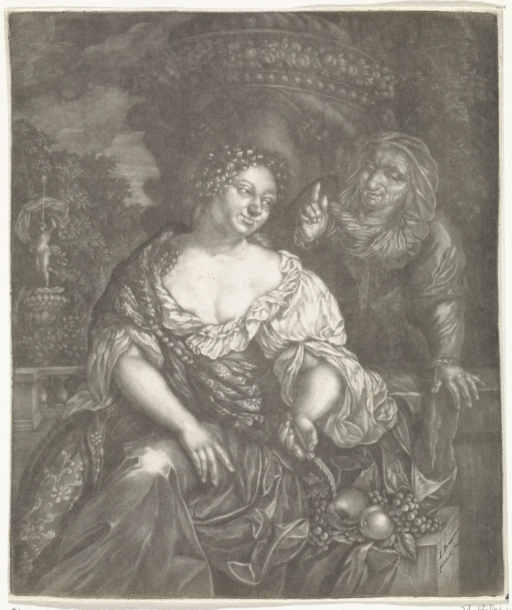 Vertumnus en Pomona in een tuin by Jan Brouwer, print, 1652-1688