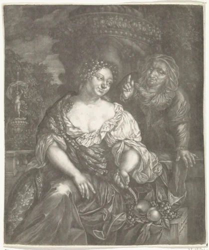 Vertumnus en Pomona in een tuin by Jan Brouwer, print, 1652-1688