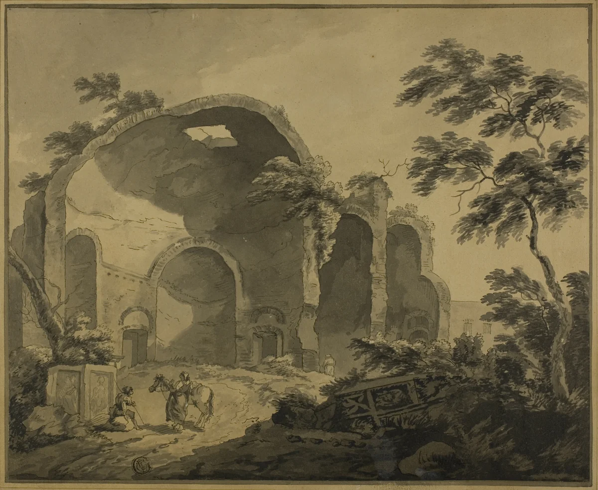 Roman Ruins with Two Peasants Conversing in the Foreground by Charles Louis Clérisseau, drawing, 1742-1820