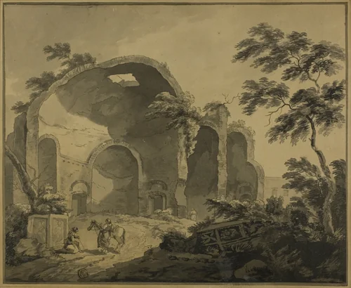 Roman Ruins with Two Peasants Conversing in the Foreground by Charles Louis Clérisseau, drawing, 1742-1820