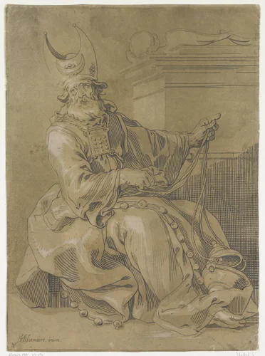 Aäron zittend bij de Ark des Verbonds by anonymous, print, 1610