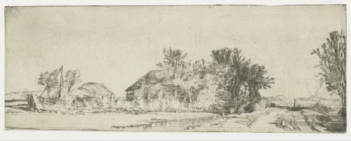 Landscape with a farmhouse along a road beside a canal by Rembrandt van Rijn, print, 1652