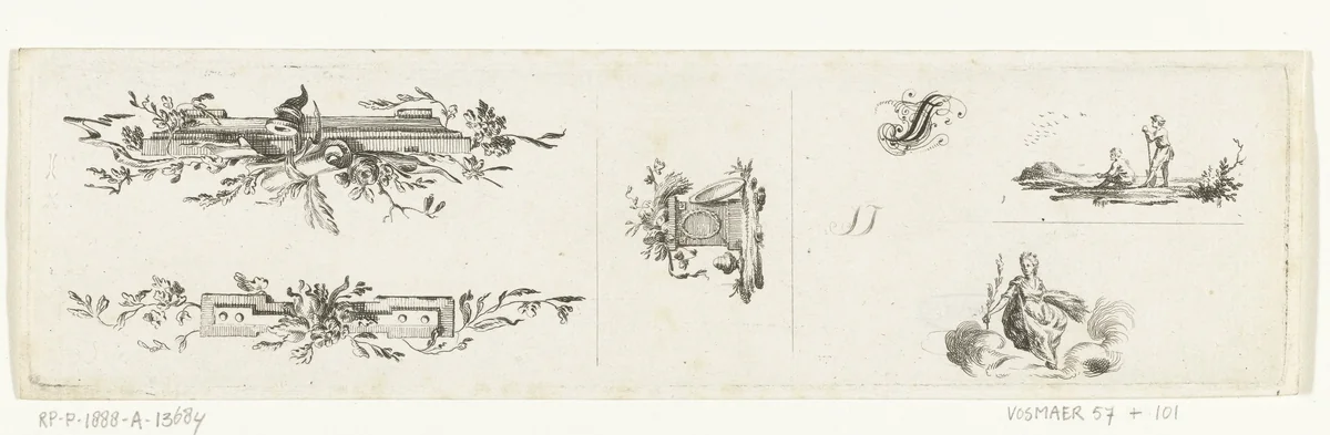 Blad met vijf vignetten en initiaal by Willem Bilderdijk, print, 1766-1785