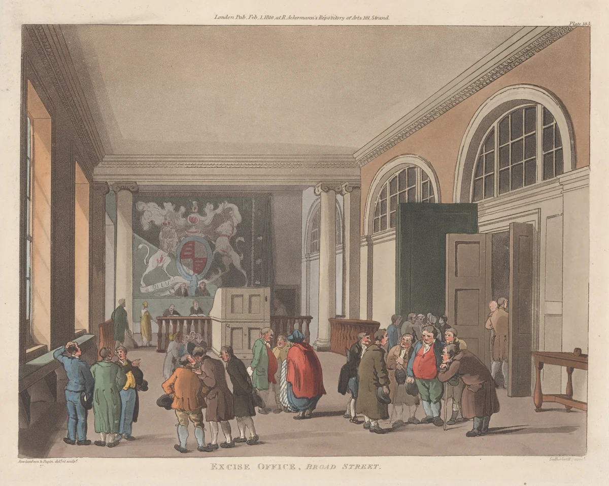 Excise Office, Broad Street by Thomas Rowlandson, print, 1810