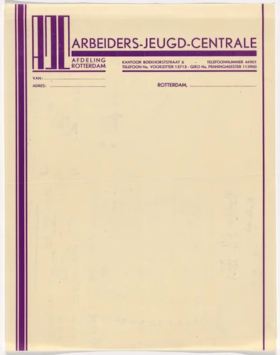 Stationery letterhead for the Arbeiders Jeugd Centrale (Youth Workers Central) by Fré Cohen, design, 1924