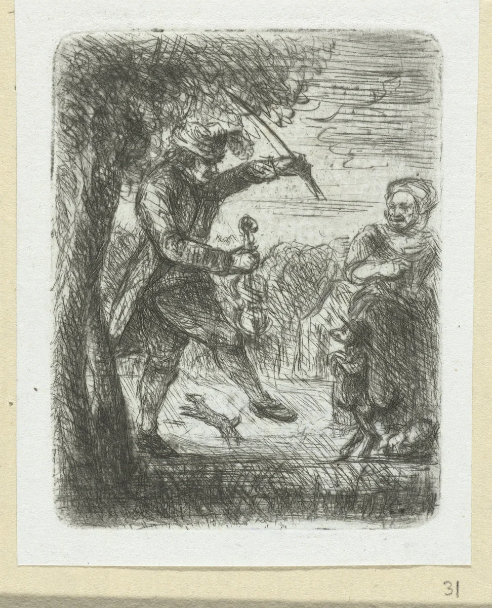 Straatmuzikant met viool en dansende hond by Jan Chalon, print, 1748-1795