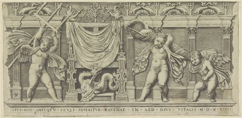 Reliëf met drie putti by Unknown, print, 1498-1532