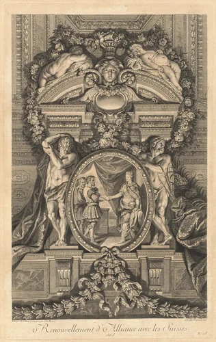 Renouvellement d'Alliance avec les Suisses 1663 (Renewal of Alliance with the Swiss 1663) [pl. 18] by Jean-Baptiste Massé; Nicolas-Gabriel Dupuis; Charles Le Brun, print, 1752