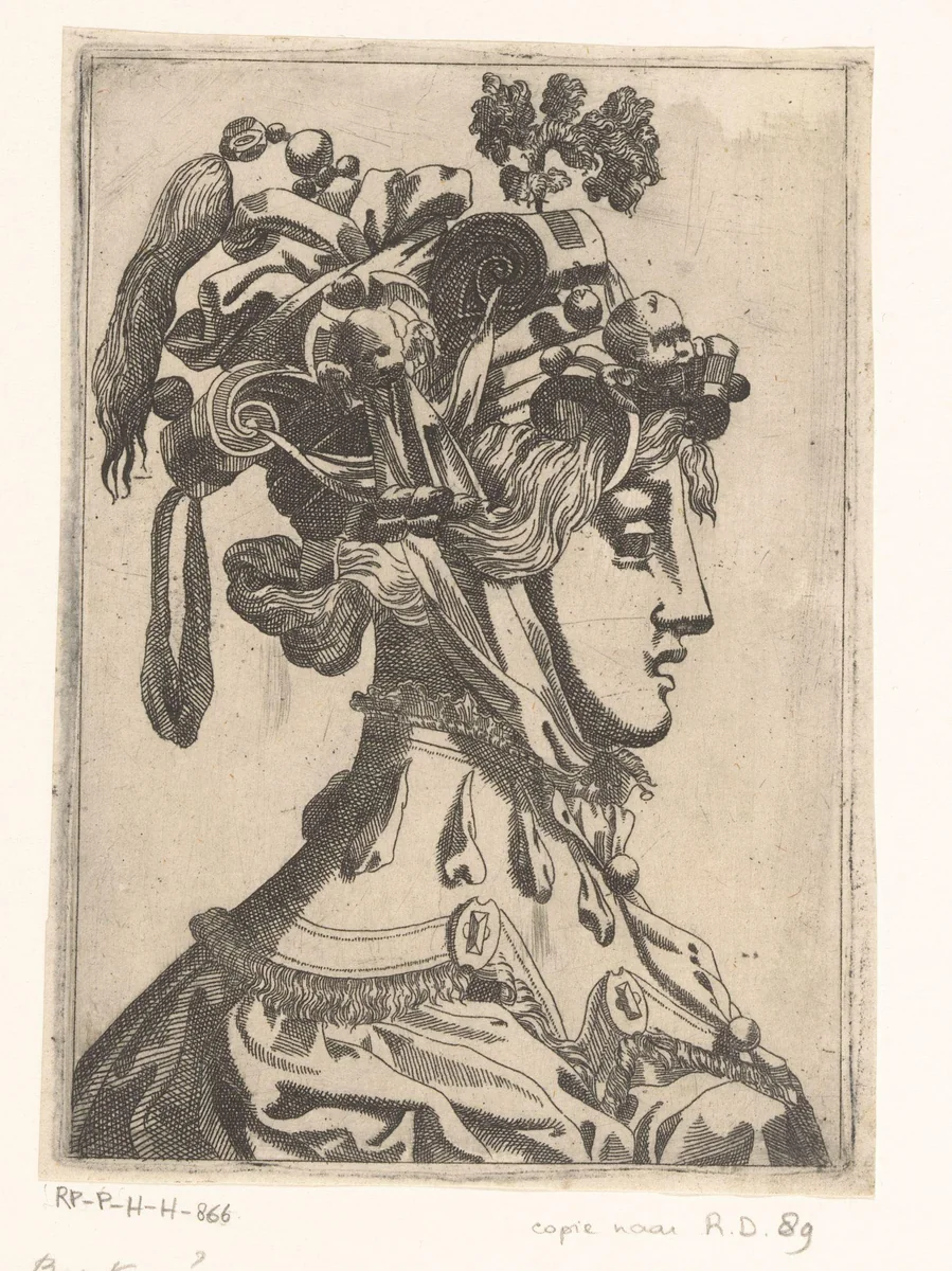 Vrouw met masker en fantasie hoofdbedekking by anonymous, print, 1535-1598