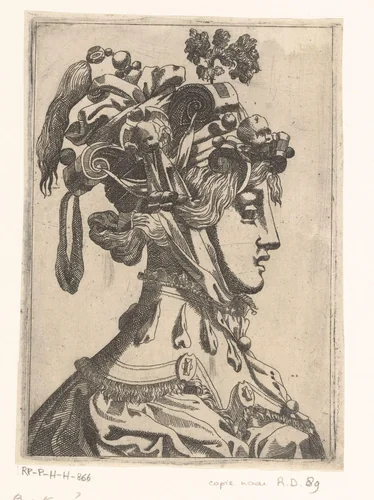 Vrouw met masker en fantasie hoofdbedekking by anonymous, print, 1535-1598