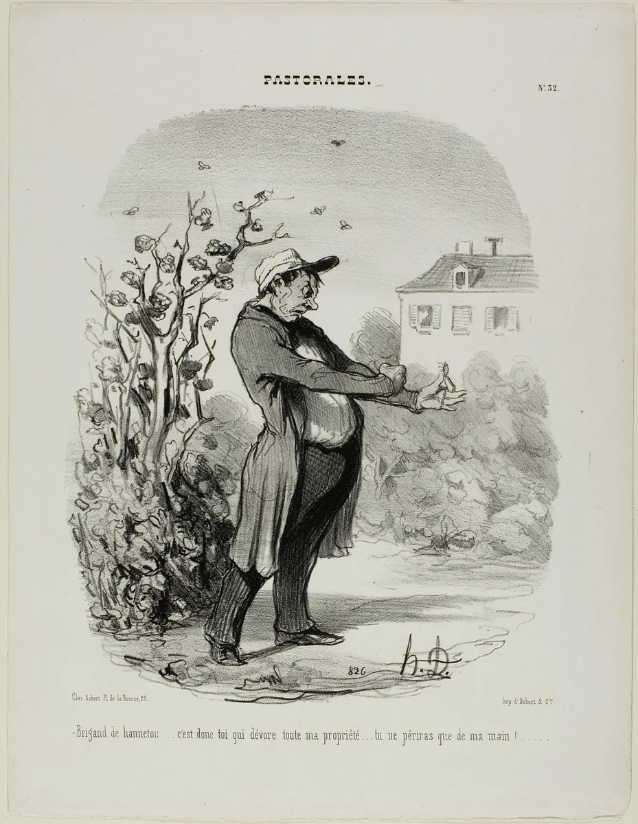 “Brigand of a may-bug... it's you who devours all my property. You shall perish through my hand!,” plate 32 from Pastorales by Honoré-Victorin Daumier, print, 1845