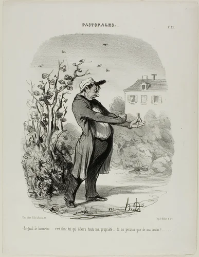 “Brigand of a may-bug... it's you who devours all my property. You shall perish through my hand!,” plate 32 from Pastorales by Honoré-Victorin Daumier, print, 1845