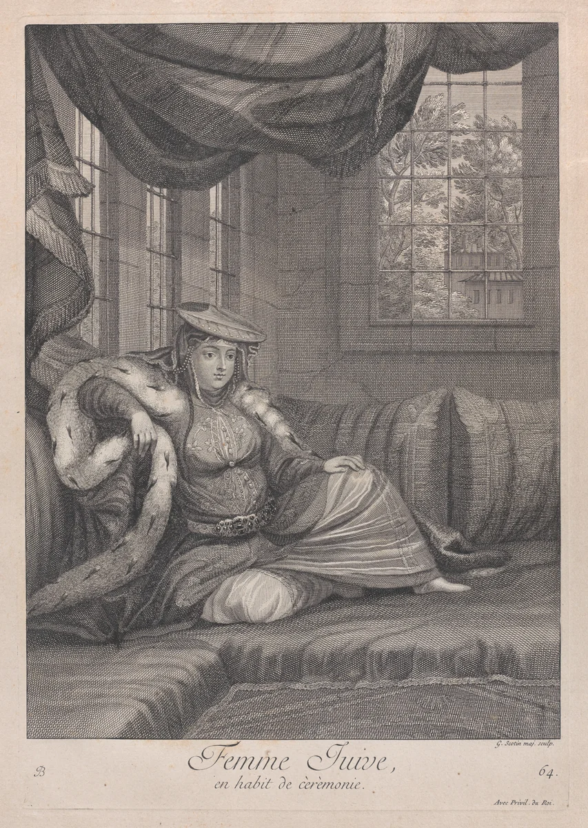 Femme Juive, en habit de cèrèmonie, plate 64 from "Recueil de cent estampes représentent differentes nations du Levant" by Jean Baptiste Vanmour, print, 1714-1715