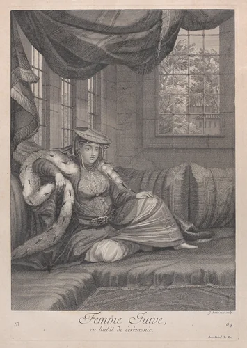 Femme Juive, en habit de cèrèmonie, plate 64 from "Recueil de cent estampes représentent differentes nations du Levant" by Jean Baptiste Vanmour, print, 1714-1715